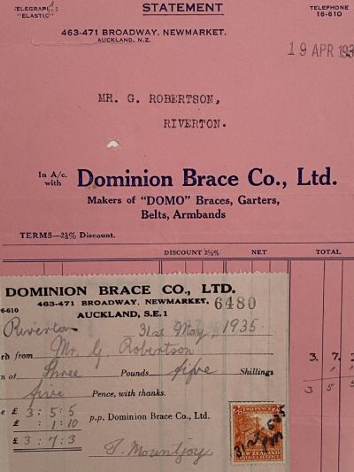 VINTAGE INVOICE: Dominion Brace Co, Ltd. Auckland - Domo Braces and Garters 1935 