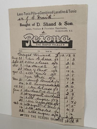VINTAGE INVOICE: D. Shand & Son, Waikouaiti