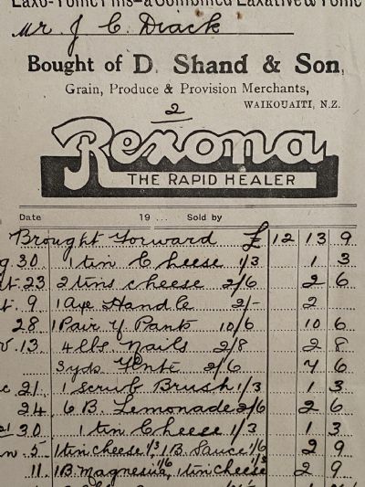 VINTAGE INVOICE: D. Shand & Son, Waikouaiti 