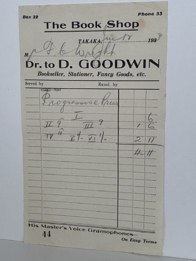 VINTAGE INVOICE: D. Goodwin, Takaka - Bookseller and Fancy Goods 1938