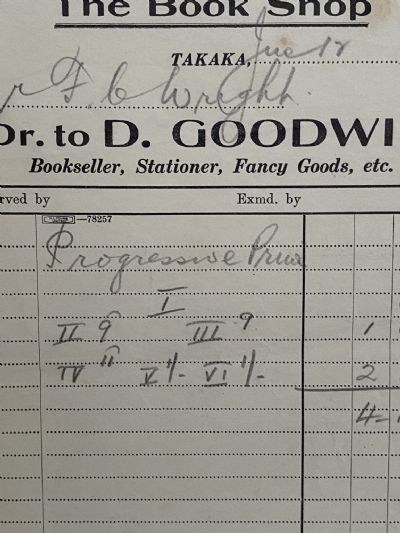 VINTAGE INVOICE: D. Goodwin, Takaka - Bookseller and Fancy Goods 1938 