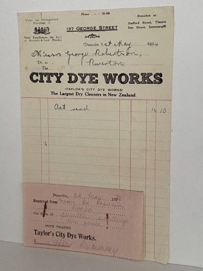 VINTAGE INVOICE: City Dye Works, Dunedin - Dry Cleaners 1934