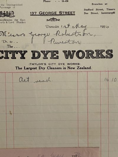 VINTAGE INVOICE: City Dye Works, Dunedin - Dry Cleaners 1934 