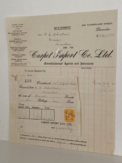 VINTAGE INVOICE: Carpet Import Co. Ltd. Dunedin - Agents and Indentors 1934