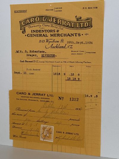 VINTAGE INVOICE: Caro & Jerrat Ltd. Auckland - Indentors & Merchants 1934