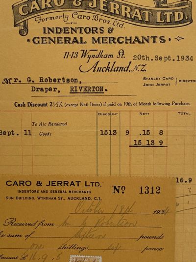 VINTAGE INVOICE: Caro & Jerrat Ltd. Auckland - Indentors & Merchants 1934 