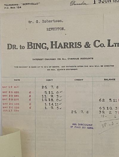 VINTAGE INVOICE: Bing, Harris & Co. Ltd, Dunedin 1935 