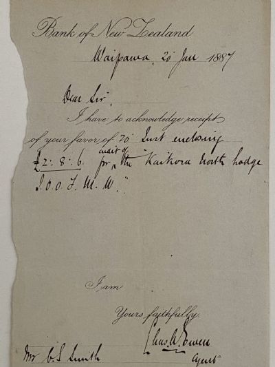ANTIQUE RECEIPT: Bank of New Zealand, Waipawa 1887