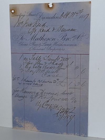 ANTIQUE INVOICE: Matheson Brothers & Co, Dunedin - China, Glass, Lampware 1887