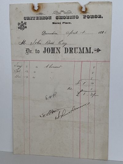 ANTIQUE INVOICE: John Drumm, Dunedin - Criterion Shoeing Force 1886