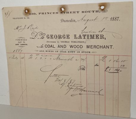 ANTIQUE INVOICE: George Latimer, Dunedin – Coal and Wood Merchant 1887