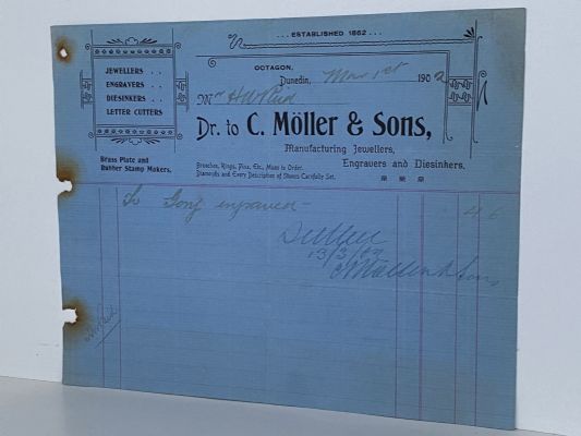 ANTIQUE INVOICE: C. Moller & Sons, Dunedin – Jewellers and Engravers 1902