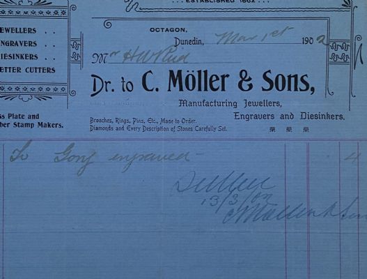 ANTIQUE INVOICE: C. Moller & Sons, Dunedin – Jewellers and Engravers 1902 