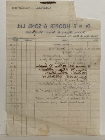 VINTAGE INVOICE: E. Hooper & Sons Ltd. Wakefield – Grocers 1942