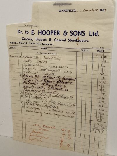 VINTAGE INVOICE: E. Hooper & Sons Ltd. Wakefield – Grocers 1942