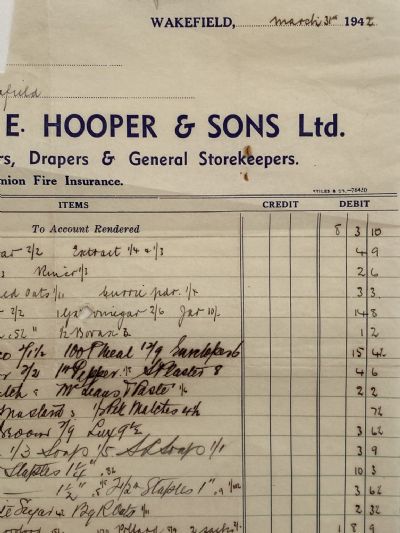 VINTAGE INVOICE: E. Hooper & Sons Ltd. Wakefield – Grocers 1942 