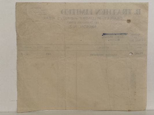 VINTAGE INVOICE: B. Trathen Limited, Nelson – Drapery, Millinery, Mens Wear 1948
