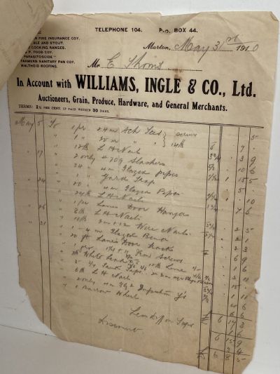 ANTIQUE INVOICE: Williams, Ingle & Co. Ltd, Marton - Merchants 1910