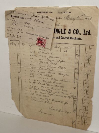 ANTIQUE INVOICE: Williams, Ingle & Co. Ltd, Marton - Merchants 1910