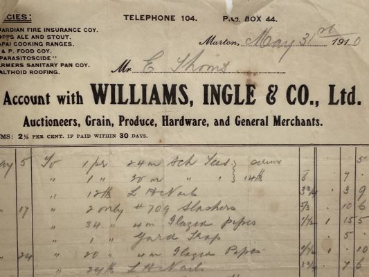ANTIQUE INVOICE: Williams, Ingle & Co. Ltd, Marton - Merchants 1910 