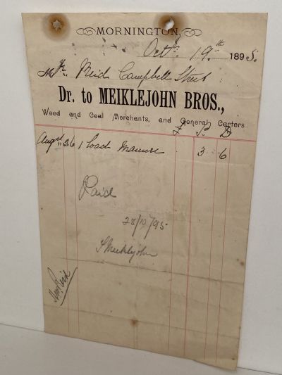 ANTIQUE INVOICE: Meiklejohn Bros. – Wood & Coal Merchants 1895