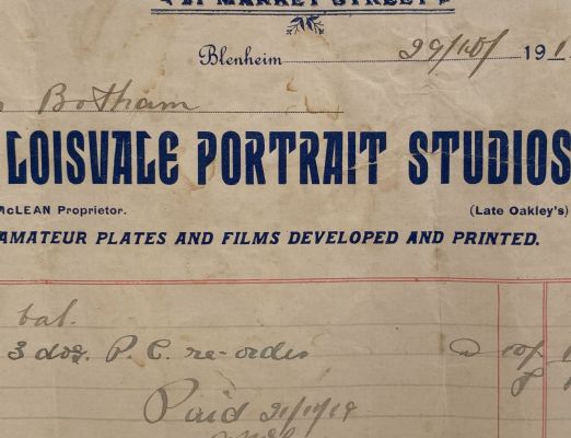 ANTIQUE INVOICE: Loisvale Portrait Studios, Blenheim 1919 