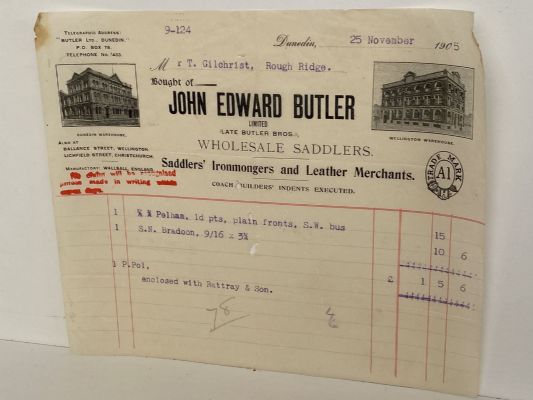 ANTIQUE INVOICE: John Edward Butler, Dunedin – Wholesale Saddlers 1905
