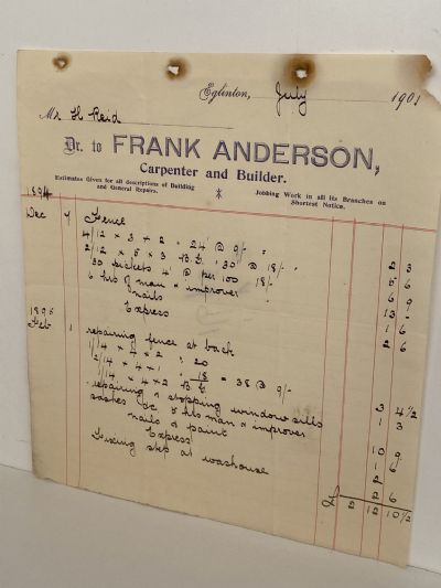 ANTIQUE INVOICE: Frank Anderson, Eglinton – Carpenter and Builder 1901