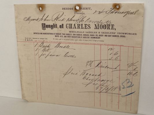 ANTIQUE INVOICE: Charles Moore, Dunedin – Wholesale Saddler 1888
