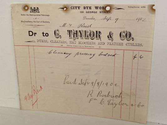 ANTIQUE INVOICE: C. Taylor & Co. Dunedin – Dyers, Cleaners 1902