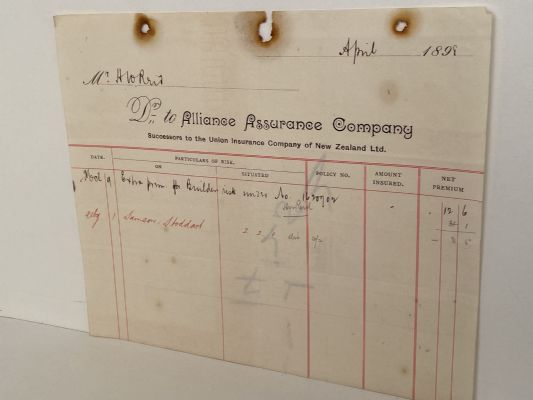 ANTIQUE INVOICE: Alliance Assurance Company / Union Insurance Co. 1898
