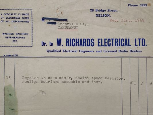 VINTAGE INVOICE: W. Richards Electrical Ltd - Electrical & Radio Dealers 1965 
