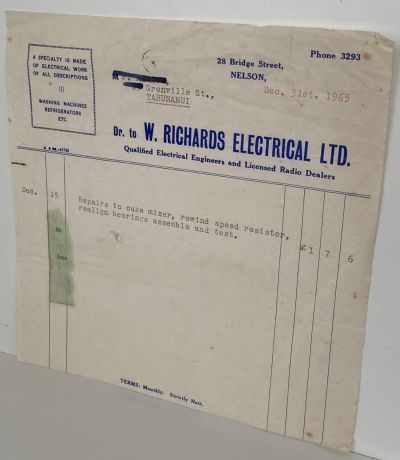VINTAGE INVOICE: W. Richards Electrical Ltd - Electrical & Radio Dealers 1965