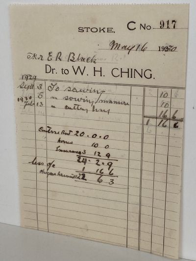 VINTAGE INVOICE: W.H. Ching, Stoke 1930