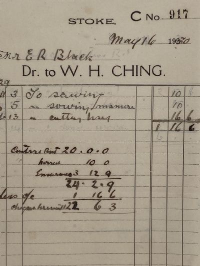 VINTAGE INVOICE: W.H. Ching, Stoke 1930 