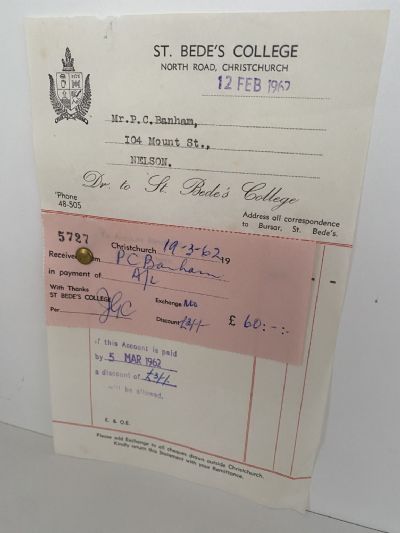 VINTAGE INVOICE: St Bede's College, Christchurch 1962