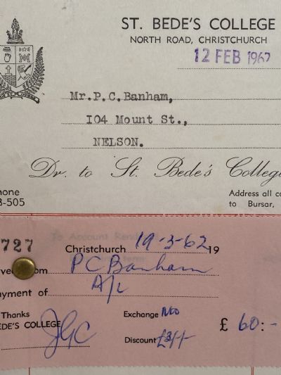 VINTAGE INVOICE: St Bede's College, Christchurch 1962 