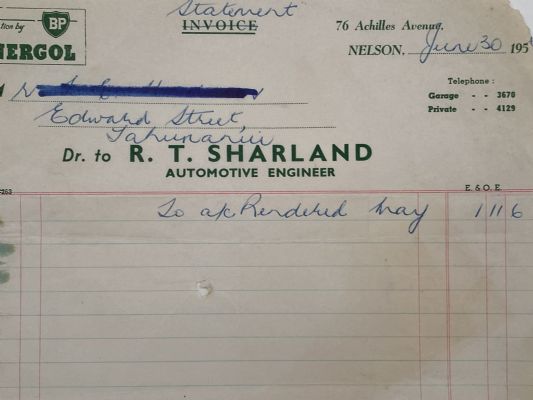 VINTAGE INVOICE: R. T. Sharland, Nelson - Automotive Engineer 1956 