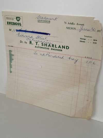 VINTAGE INVOICE: R. T. Sharland, Nelson - Automotive Engineer 1956