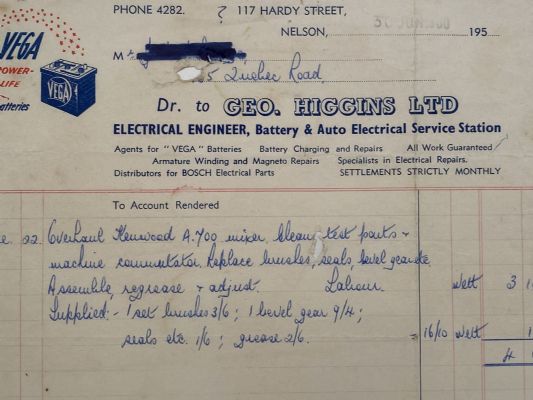 VINTAGE INVOICE: Geo. Higgins Ltd, Nelson - Electrical Engineer 1960 