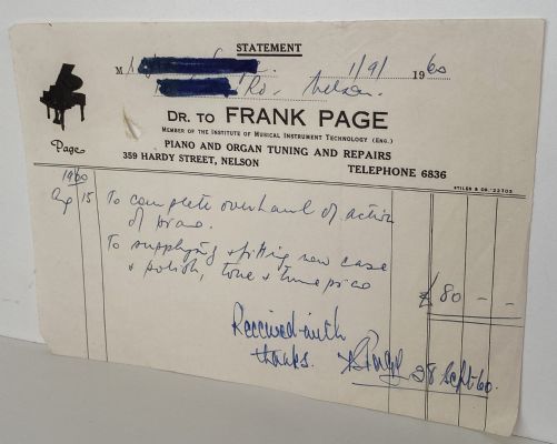 VINTAGE INVOICE: Frank Page, Nelson - Piano & Organ Tuning 1960