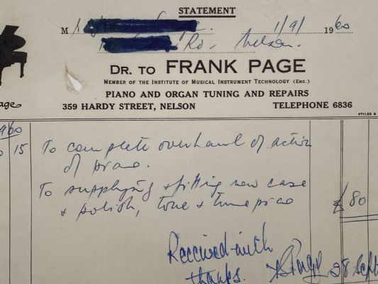 VINTAGE INVOICE: Frank Page, Nelson - Piano & Organ Tuning 1960 