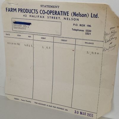 VINTAGE INVOICE / STATEMENT: Farm Products Co-operative (Nelson) Ltd 1955