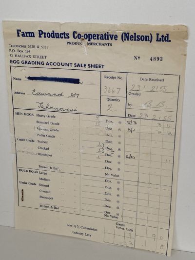 VINTAGE INVOICE / STATEMENT: Farm Products Co-operative (Nelson) Ltd 1955