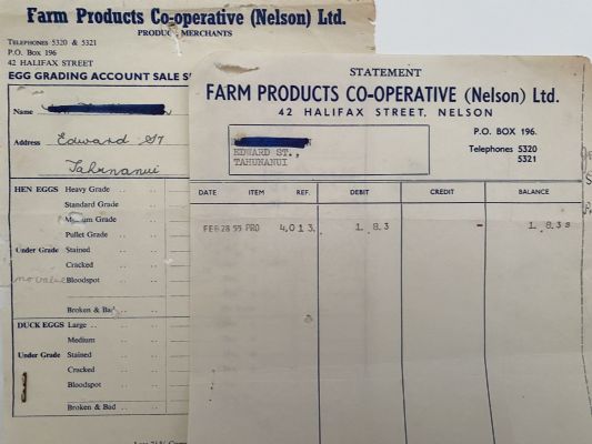 VINTAGE INVOICE / STATEMENT: Farm Products Co-operative (Nelson) Ltd 1955 