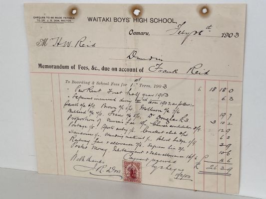ANTIQUE INVOICE: Waitaki Boys' High School, Oamaru 1903
