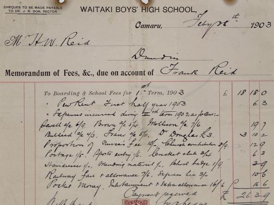 ANTIQUE INVOICE: Waitaki Boys' High School, Oamaru 1903 