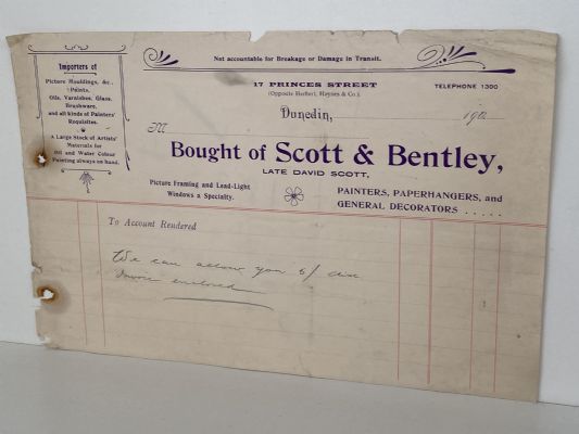 ANTIQUE INVOICE: Scott & Bentley, Dunedin - Painters & Decorators 1900s