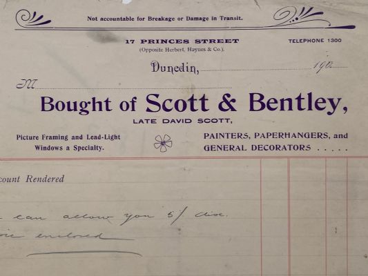 ANTIQUE INVOICE: Scott & Bentley, Dunedin - Painters & Decorators 1900s 