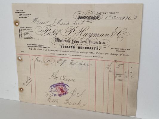 ANTIQUE INVOICE: P. Hayman & Co. Dunedin - Tobacco Merchants 1903